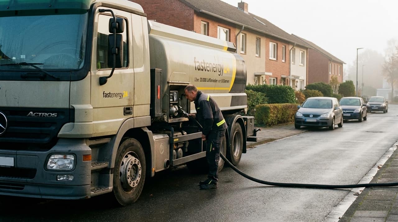 fastenergy24 Tankzug bei der Lieferung an einem deutschen Reihenhaus